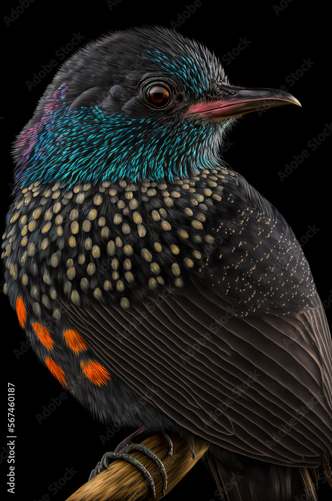 Fototapeta premium 3D rendering of a beautiful bird sitting on a branch with flowers. Generative AI