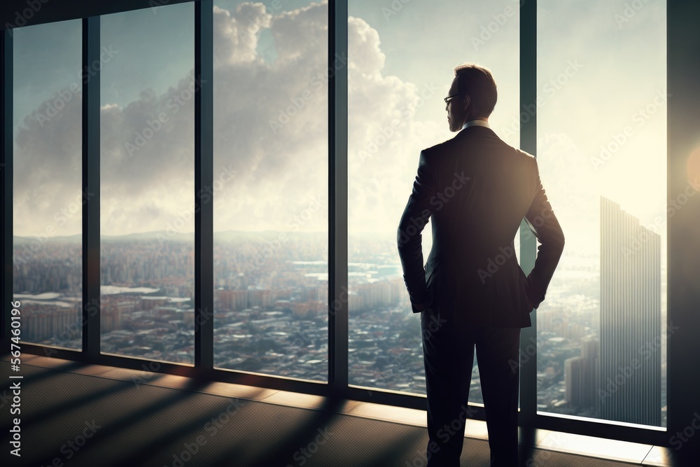 Fototapeta premium a business man stands in front of a huge window on the top floor of a skyscraper and looks at the morning sunny city