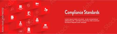 Compliance Standards web header banner with icon set that shows a company passed inspection