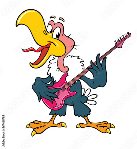 Cute cheerful vulture musician. Cheerful cartoon vulture sings a song. Vector color image isolated on white. Cheerful colorful cartoon Vulture plays the electric guitar.