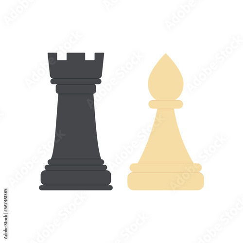 Chess pieces rook and bishop. Black and white Chessmen figures. Colored icon for playing chess. Vector illustration on white background