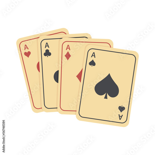 Playing cards with fan. Aces of all suits. Poker combination of four aces. Diamonds, Hearts, Clubs, Spades. Equipment for casino. Lucky combination in gambling. Vector illustration white background