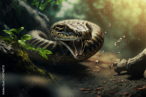 closeup portrait of attacking cobra in jungle photo