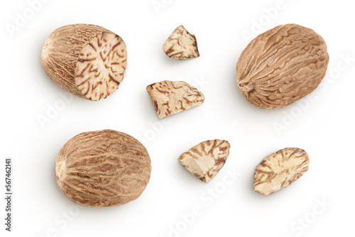 nutmeg isolated on white background with full depth of field. Top view. Flat lay