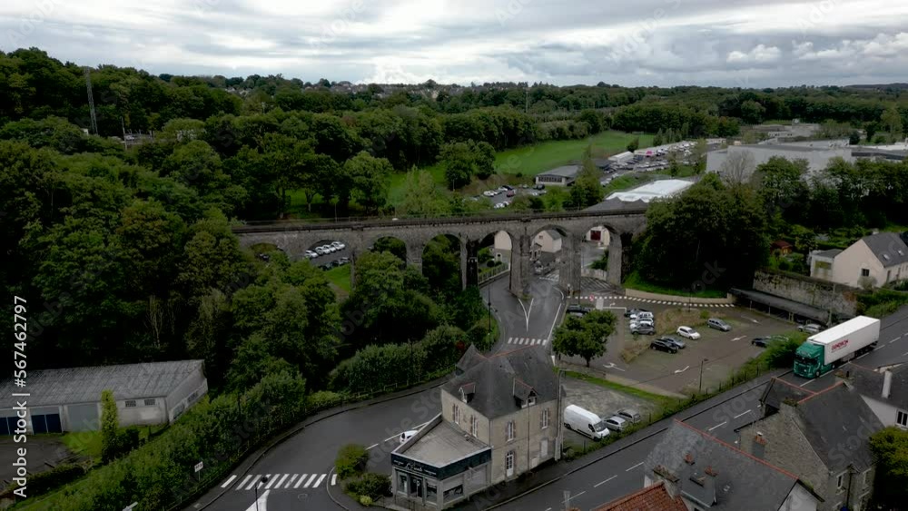 Railway bridge at Vitré in Brittany, France. Aerial forward Railway bridge at Vitré in Brittany, France. Aerial forward