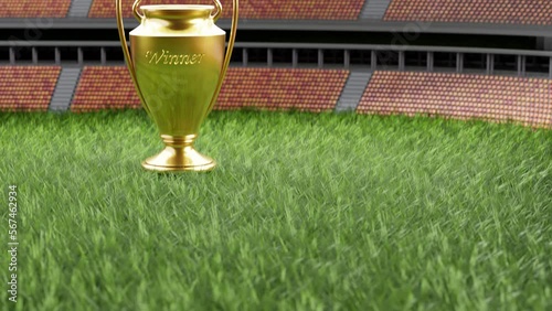Tournament trophy in stadium, 3d render vertical video with text space