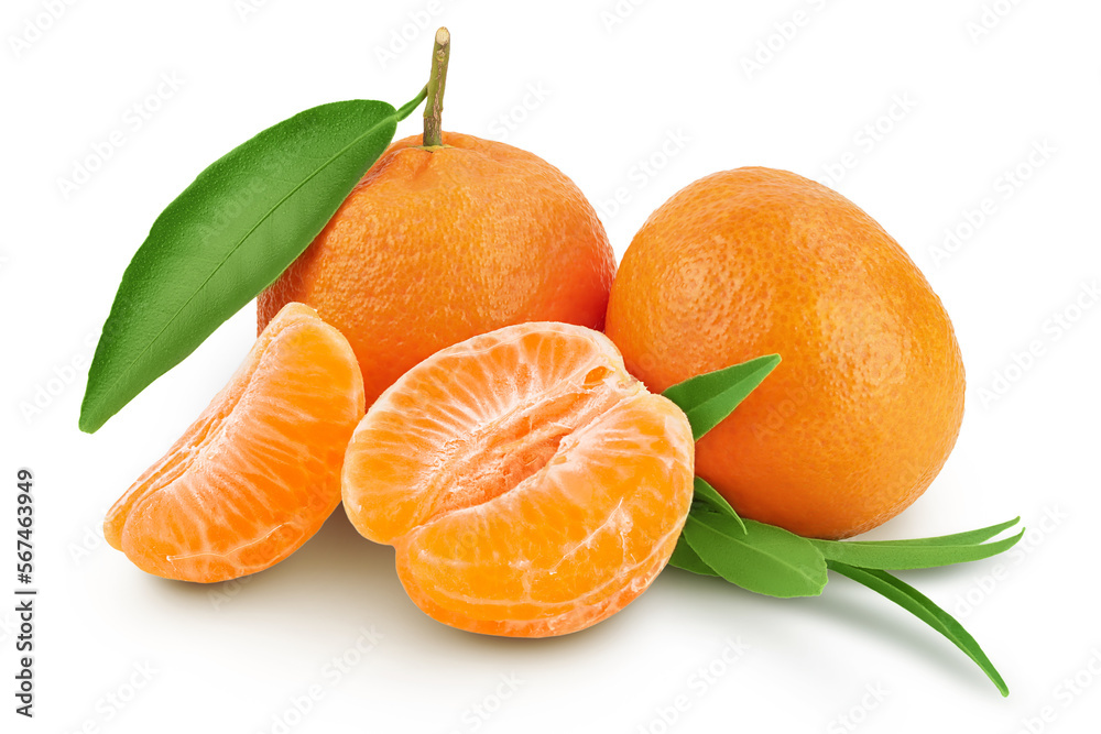 Tangerine or clementine with green leaf isolated on white background with full depth of field. Tangerine or clementine with green leaf isolated on white background with full depth of field.