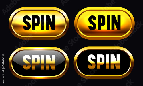 Spin button set. Golden buttons for online casino. Vector clipart isolated on black background.