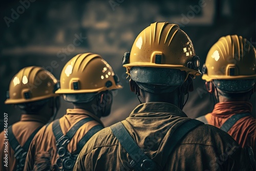 A group of miners in hard hats descend into the mine, high resolution, work, illustration, health, salary, responsibility, safety,team,yellow uniform,risk,fossils, resources, equipment, technology. AI © Павел Озарчук