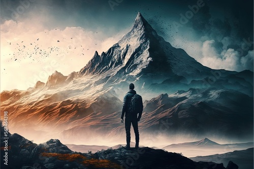 Man standing on a hill near picturesque snowy mountains, wanderer, 8k, success, king of the hill, conquering the world, thick clouds, snow, dawn, challenge, nature, sports, recreation. AI