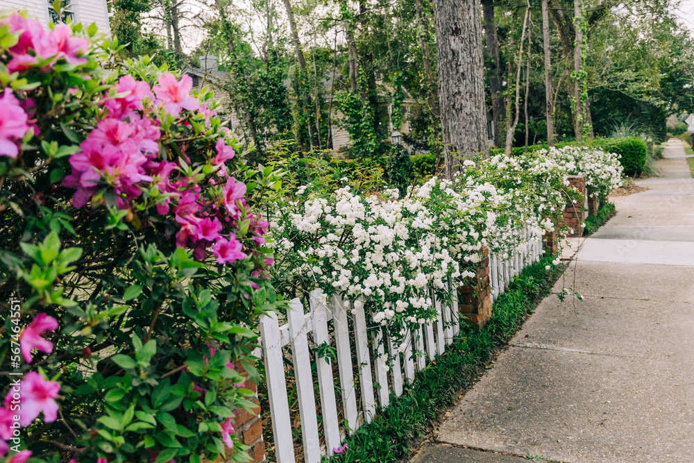 A white picket fence with jasmine and azaleas in bloom with a suburban sidewalk