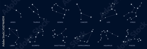 Zodiac сonstellations of shiny stars on dark blue
