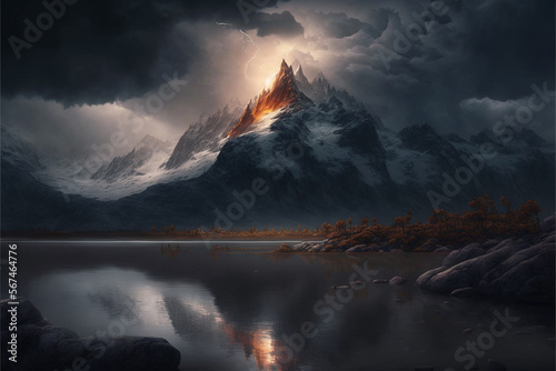 Dramatic Landscape Illustration with cloudy skies and beautiful nature. Ai generated