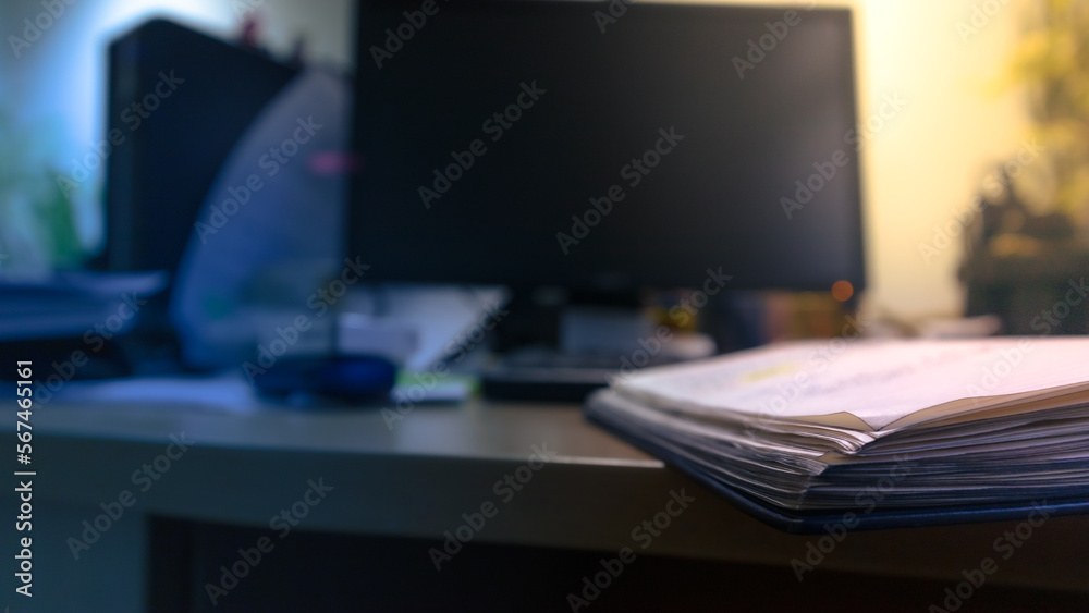Blurred background of office space. Desktop wallpaper with notepad and  blurry computer. Widescreen wallpaper with a blurry office space Stock  Photo | Adobe Stock