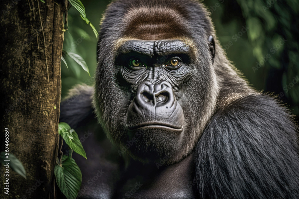 Adult gorilla hiding behind a tree in the jungle, Generative AI
