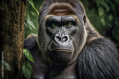 Adult gorilla hiding behind a tree in the jungle, Generative AI © BPawesome