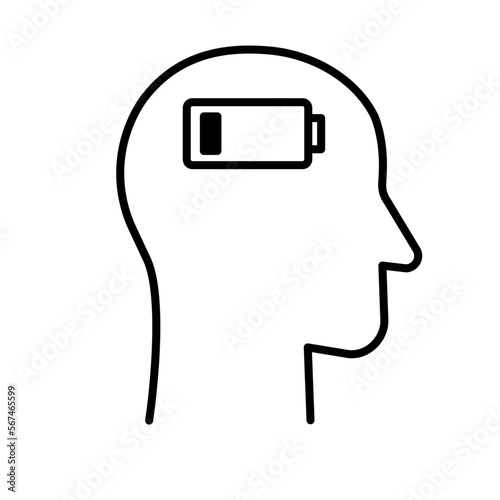 Human head with low battery charge. Concept of occupational burnout, chronic fatigue syndrome, emotional depletion.