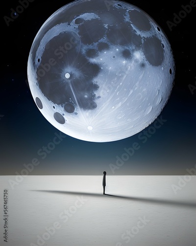 Uma ilustração representando uma lua grande e brilhante no céu noturno com uma pessoa pequena parada abaixo dela, criando uma atmosfera serena com uma sensação de escala e admiração photo