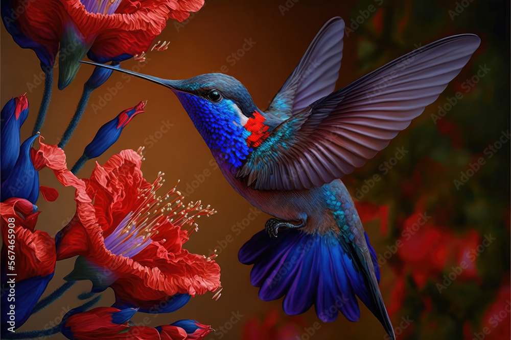 Hummingbird flying next to beautiful flower Hummingbird flying next to beautiful flower