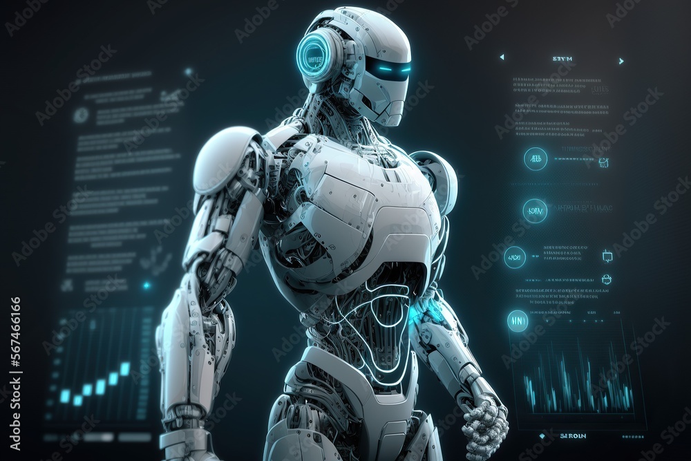 white humanoid robot ,Futuristic vector blue hologram on the background ,Futuristic user interface with digital infographics and data charts vector electronic scifi hologram concept,Generative a