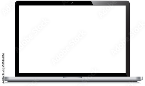 Realistic laptop open incline 90 degree isolated on background. Computer notebook with empty screen template. Blank space display on mobile computer layout. concept illustration