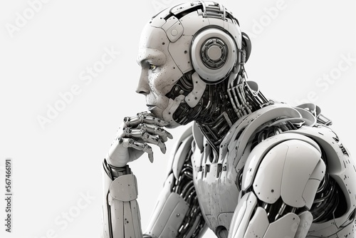 Thinking robot,white humanoid robot Thinking ,isolated white background, Generative ai
 photo