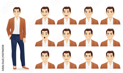 Handsome business young man in casual clothes with different facial expressions set vector illustration isolated