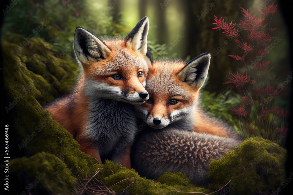 Fototapeta premium Wild baby red foxes cuddling in the forest