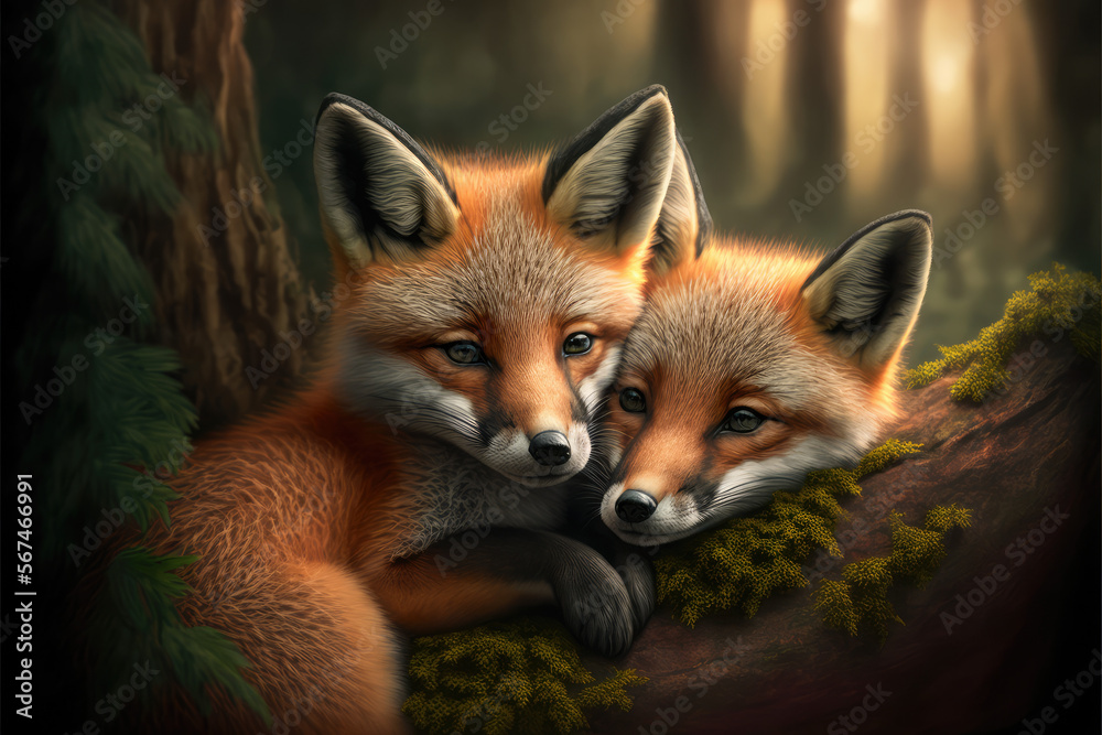 Wild baby red foxes cuddling in the forest Wild baby red foxes cuddling in the forest