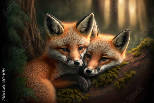 Wild baby red foxes cuddling in the forest © DarkKnight