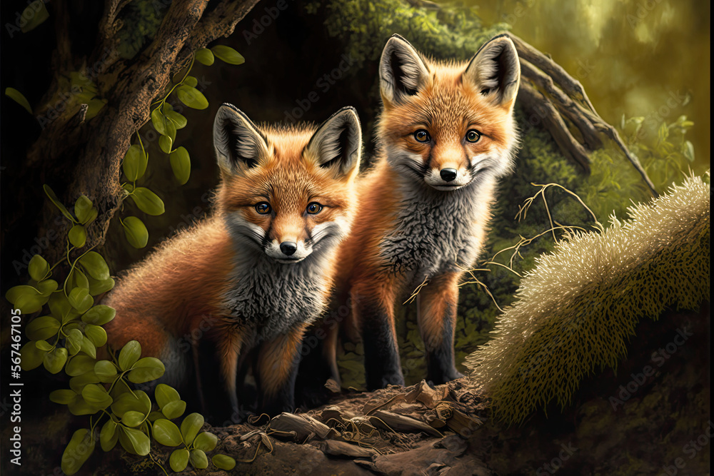 Wild baby red foxes cuddling in the forest Wild baby red foxes cuddling in the forest