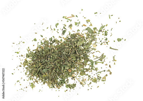 Pile of sliced and dried celery leaves isolated on a white background, top view.