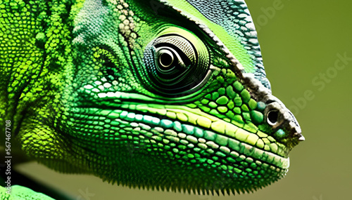 green chameleon on a branch, closeup, reptile, green color, animal © hemen