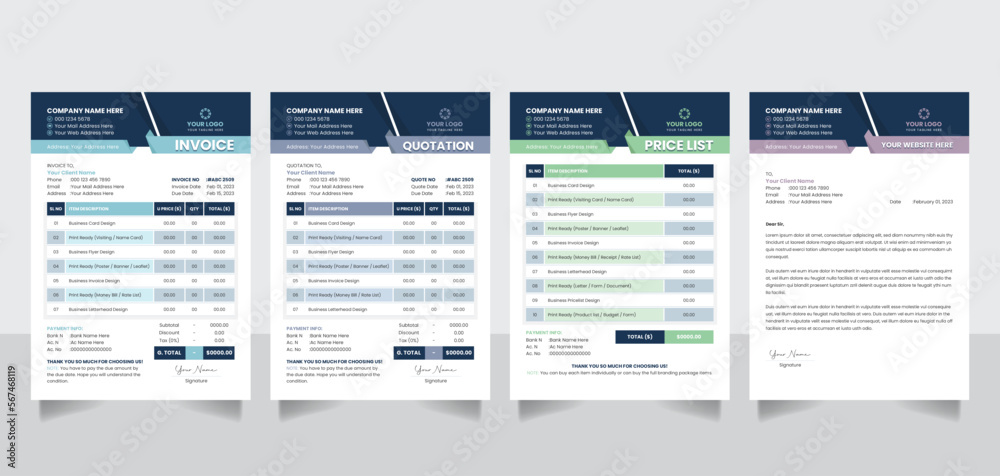 Creative business invoice quotation pricelist letterhead form design template vector