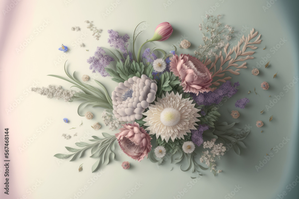 Bouquet of flowers and leaves over a green background of pastel tones