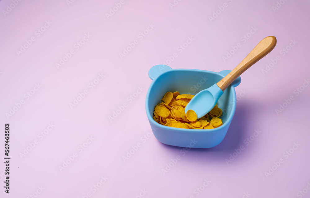 Fototapeta premium A set of children's silicone dishes. Baby feeding and nutrition concept. Top view, flat lay.