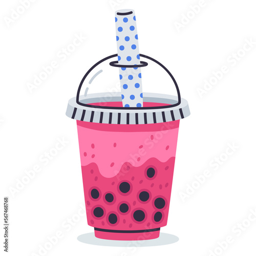 Doodle tapioca bubble milk tea. Cartoon sweet pearls boba tea, hand drawn taiwan milk tea cup, tasty soft drink cup vector illustration on white background