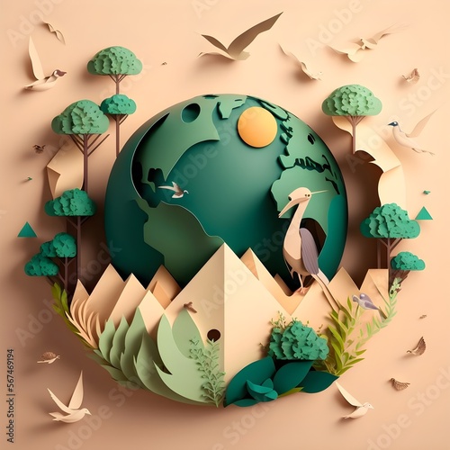 Eco-friendly environment and Earth Day with a globe and paper art