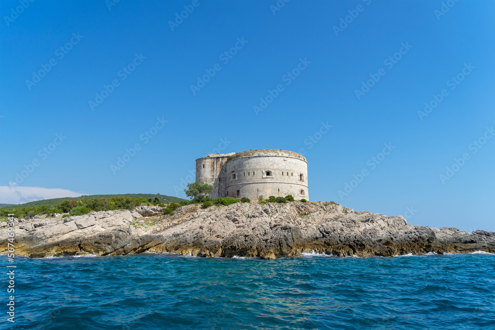 Mamula or Lastavica, uninhabited islet in Adriatic Sea, Montenegrin municipality of Herceg Novi. Mamula is located between Prevlaka and Lustica peninsulas at entrance to the Bay of Kotor. 