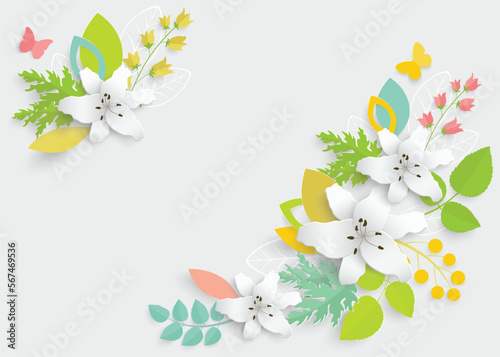 Paper flower with green leaves. Colorful, bright lilies are cut out of paper on a white background.