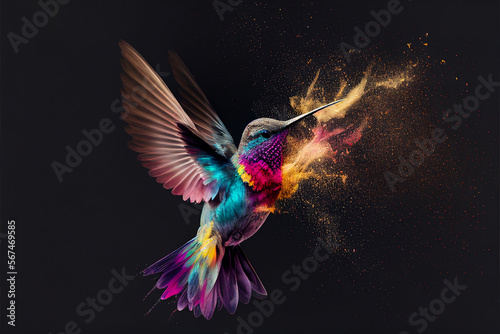 Abstract illustration of colibri bird in cosmic space. Glowing fantasy background. Holi powder