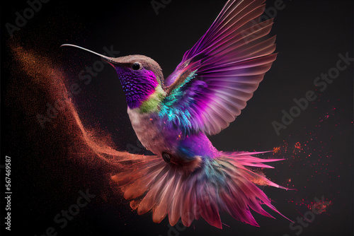 Abstract illustration of colibri bird in cosmic space. Glowing fantasy background. Holi powder © Magdalena
