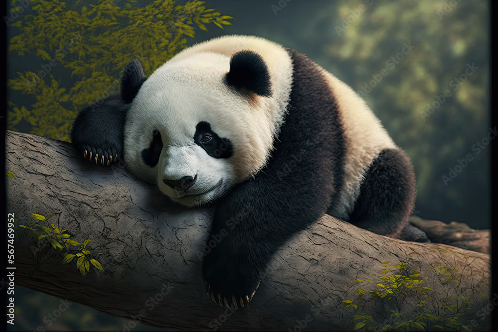 Obraz premium Lazy Panda Bear Sleeping on a Tree Branch