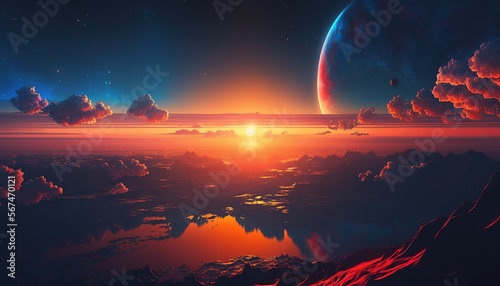 Fantasy sunset landscape. AI 