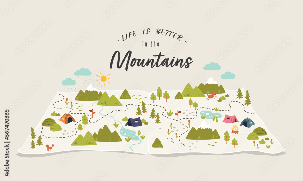 Cute hand drawn map with mountains, tents, trees, hills. 3d illustrated landscape, adventure - great for banners, wallpapers, cards.