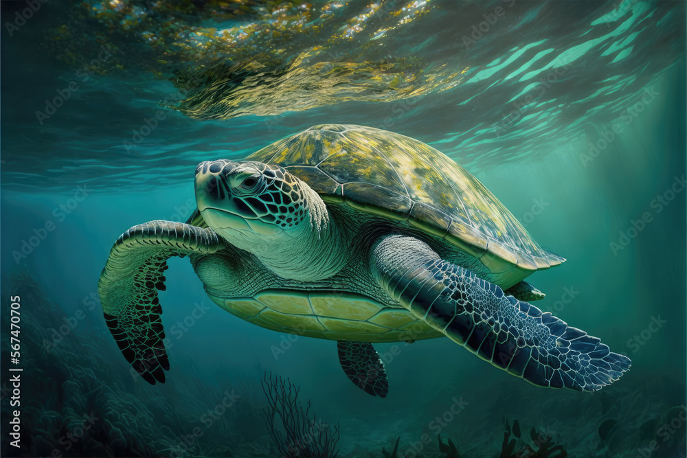 Obraz premium Green turtle swimming under the ocean