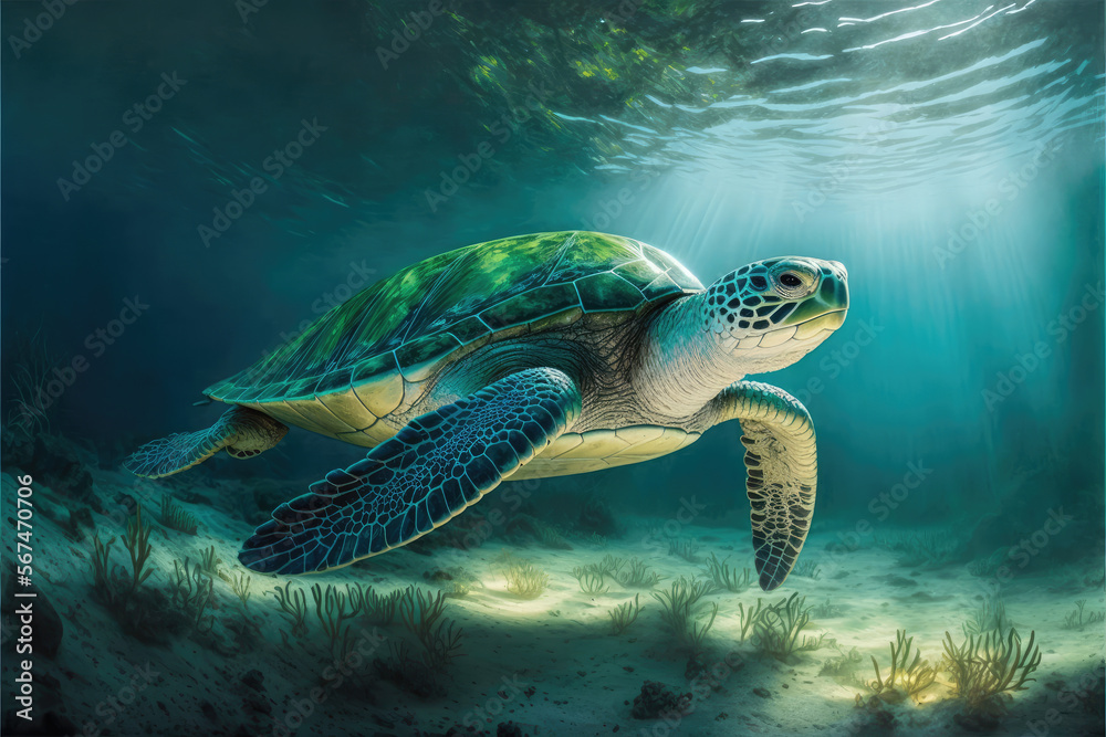 Obraz premium Green turtle swimming under the ocean
