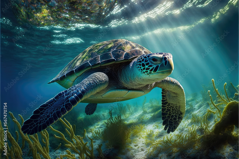 Fototapeta premium Green turtle swimming under the ocean