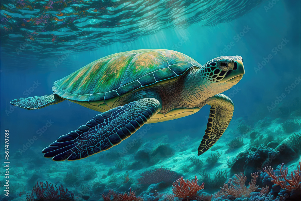 Fototapeta premium Green turtle swimming under the ocean