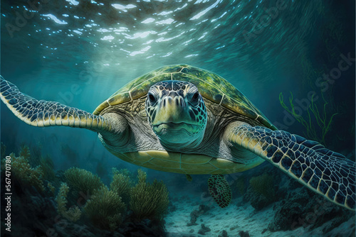 Green turtle swimming under the ocean